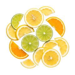 Fototapeta premium A vibrant assortment of citrus fruit slices, including lemons, limes, and oranges, isolated on a transparent background