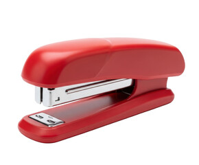 Close-up shot of a red stapler on a white surface, office supply.