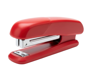 Close-up shot of a red stapler on a white surface, office supply.