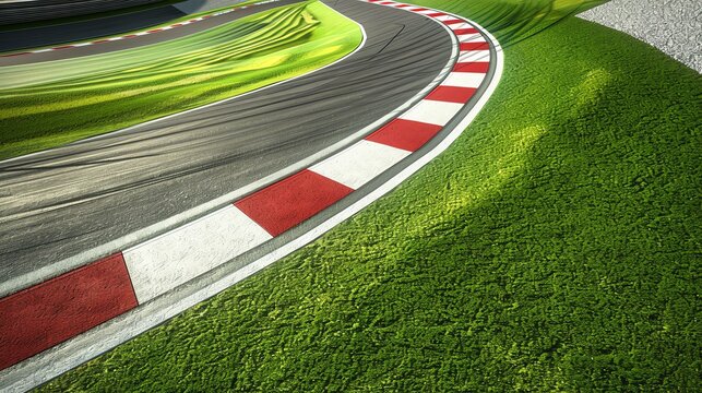 Curved racetrack with vibrant grass and markings.