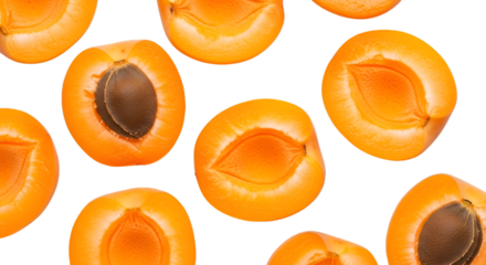 Fresh apricots cut in half with pits visible, isolated on transparent background