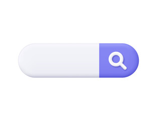 White and purple search bar with magnifying glass. Internet search, web browsing, online query, technology and user interface concept. 3d vector icon. Cartoon minimal style.