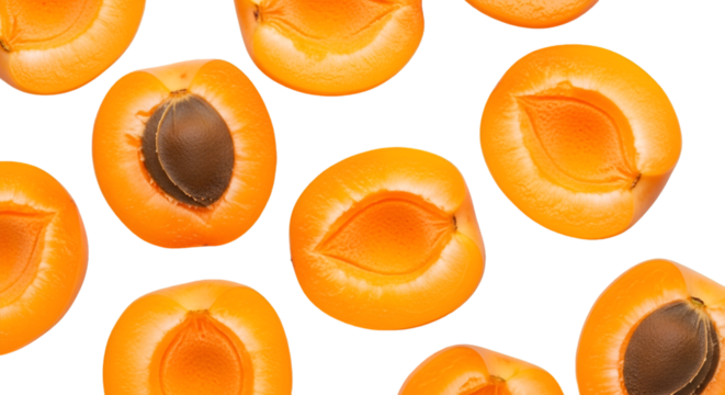 Fresh apricots cut in half with pits visible, isolated on transparent background