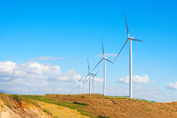 Fototapeta premium Wind Turbine Farm on a Hill Under a Bright Blue Sky