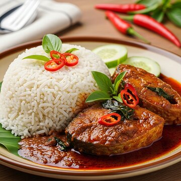 a serving of Nasi Dagang�the distinctive pale/white rice�paired with a rich, dark Gulai Ikan (fish curry) in an appealing, balanced spread