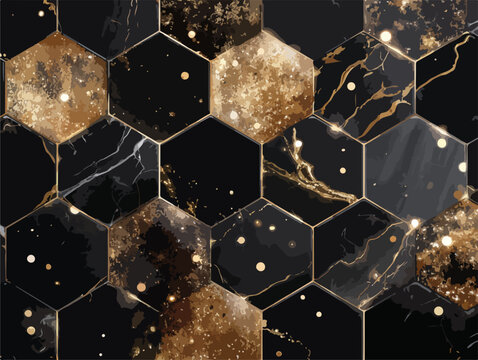 Sfondo esagonale nero e oro con trama marmorea lussuosa e scintillante, design astratto.