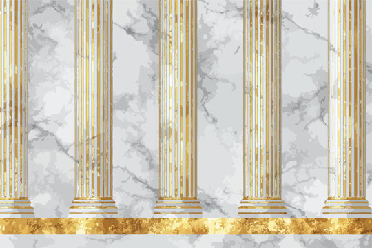 Sfondo verticale con colonne dorate in stile classico greco romano su marmo bianco venato