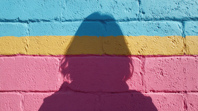 Vibrant wall painted in blue, yellow, and pink creates striking backdrop for shadow. This symbolizes mental health and wellness, encouraging reflection and positivity