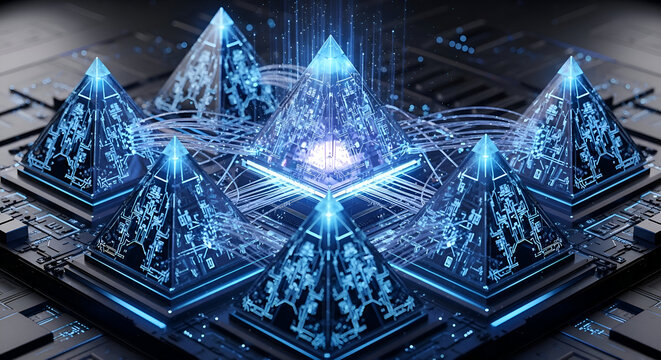 Futuristic glowing pyramids connected by data streams create a stunning modern tech concept for innovation, digital transformation, or advanced computing