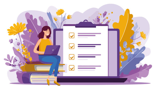 Donna sorridente con laptop su libri accanto a grande lista di controllo su schermo, concetto di apprendimento.