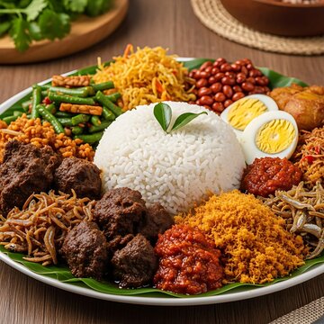 a Nasi Ambeng platter�a large communal serving of rice surrounded by numerous side dishes like beef rendang, serunding, and sambal, emphasizing sharing