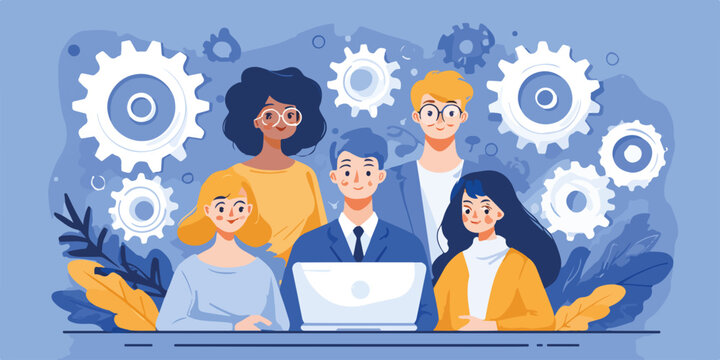 Squadra di lavoro multietnica con ingranaggi, concetto di collaborazione e meccanismo aziendale.