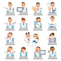 オンラインで病気の診断、相談する医者の色々なポーズ