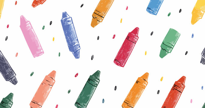Fantasia colorata di pastelli a cera disegnati a mano su sfondo bianco, pattern artistico per bambini.