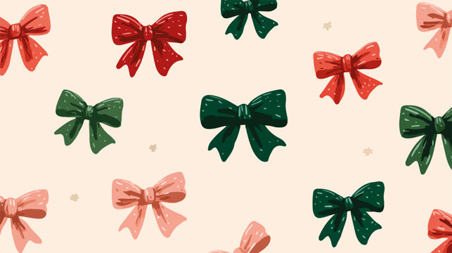 Pattern vettoriale natalizio con fiocchi decorativi rossi, verdi e rosa su sfondo chiaro.