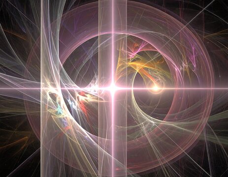 Digital fractal art featuring swirling lines, glowing core, and celestial hues on a black background