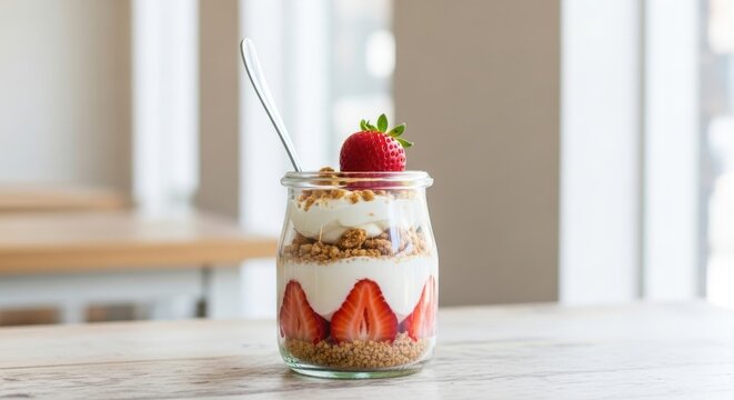 Individual strawberry parfait layered with yogurt, granola, and fresh fruit in a glass jar, served with a spoon, closeup shot