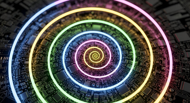 Vibrant neon spiral vortex emerges from intricate circuit board, representing digital innovation and future technology