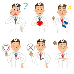 医者の診断、真心、頑張る、悩む、説明、正解、不正解の上半身ポーズ