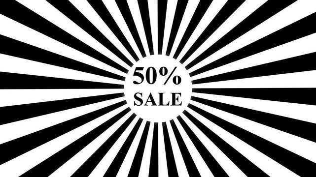 Comic retro background. Sunburst, radial, sunlight, 50 ,SALE ,circus, stripe background rotation Fantastic tunnel, .Abstract tunnel .Wallpaper with black and white shapes.4k animation video.....