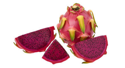 Vibrant red dragon fruit, also known as pitaya, cut into slices and isolated on a transparent background