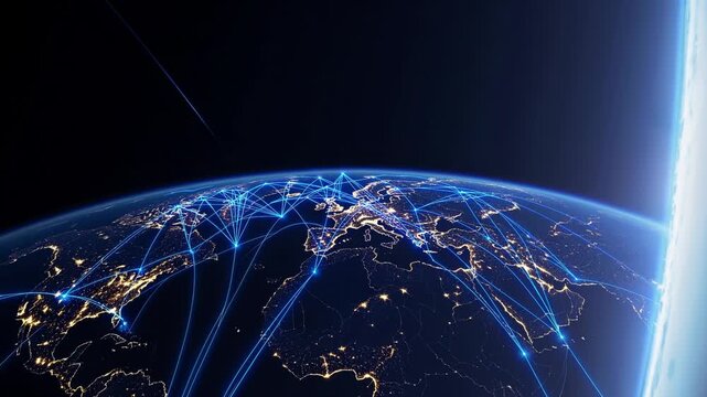 Earth globe showing network connectivity. Streaming data arcs cross continents at night. Technology internet visuals highlight satellite communication. City light clusters indicate population centers.