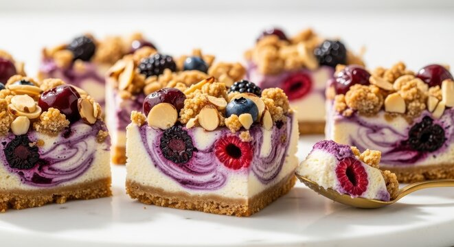Closeup of delicious berry cheesecake bars with a crumble topping and a swirl of purple berry sauce, presented on a white platter with a focus on the texture and fresh fruit