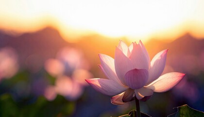 A single, beautiful pink lotus flower opens its petals towards the warm glow of a sunrise, set against a soft, out-of-focus backdrop of nature.