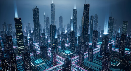 Stunning futuristic cityscape with glowing circuits and neon lights represents advanced technology and digital innovation