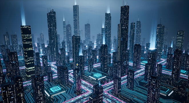 Stunning futuristic cityscape with glowing circuits and neon lights represents advanced technology and digital innovation
