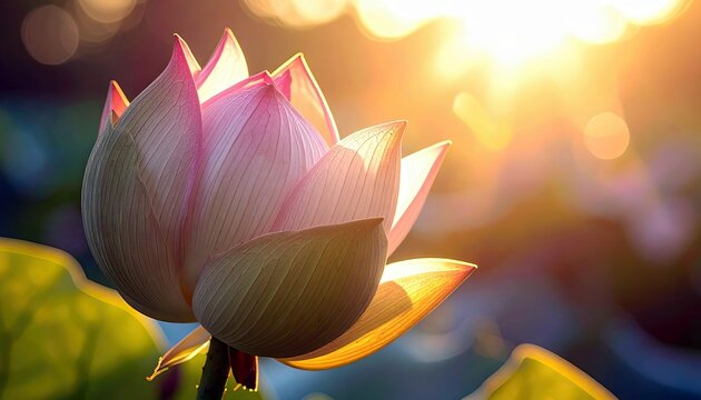 A delicate pink lotus flower bud is illuminated by the warm glow of the sun, creating a serene and tranquil atmosphere. - Powered by Adobe