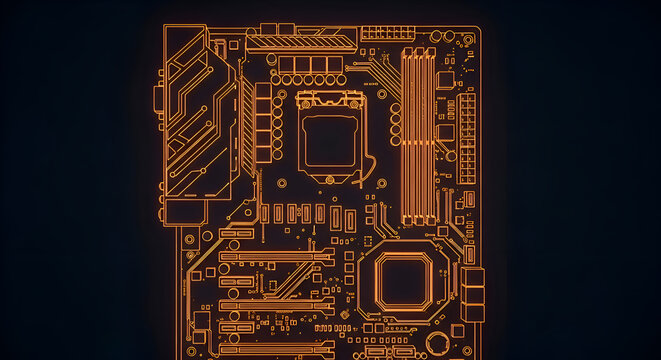 Sleek modern motherboard circuit board glowing with vibrant orange lines against a dark background, perfect for tech innovation concepts
