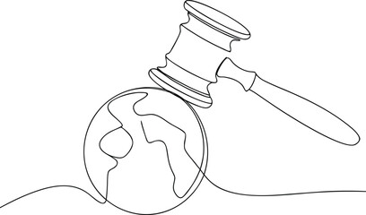 Gavel striking globe in continuous line drawing earth