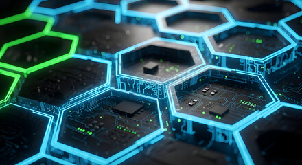 Dynamic digital network pulses with vibrant neon hexagons and intricate circuit board components symbolizing innovation and connectivity
