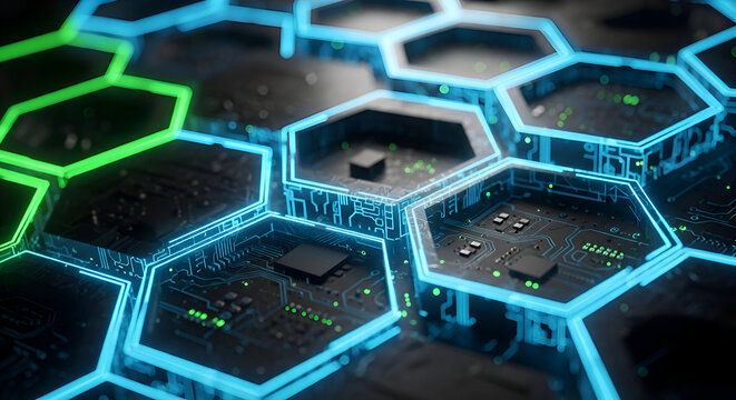 Dynamic digital network pulses with vibrant neon hexagons and intricate circuit board components symbolizing innovation and connectivity