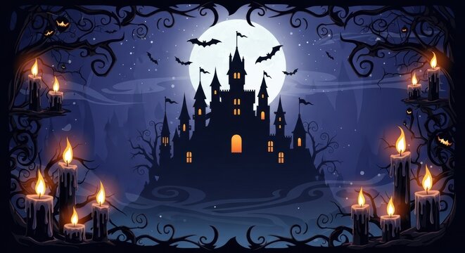 Spooky Halloween Castle Under a Full Moon with Bats and Candles, Moonlight, Night, Haunted - Powered by Adobe