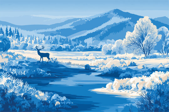 Un cervo solitario osserva un paesaggio invernale sereno con un fiume e montagne innevate sullo sfondo.