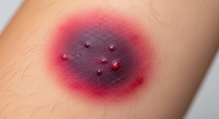 Fototapeta premium Macro view of a human skin infection with redness and pustules, Dermatology, Medical, Health