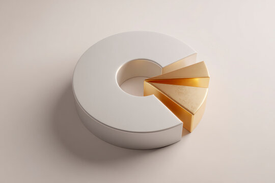 Abstract 3D donut chart with single golden segment raised from the structure. Concept of leadership, success, financial growth, and business innovation.