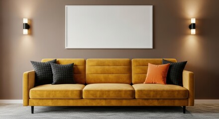 Fototapeta premium Contemporary living room with a mustard-yellow velvet sofa, black and orange cushions, taupe wall, empty frame and warm wall sconces.