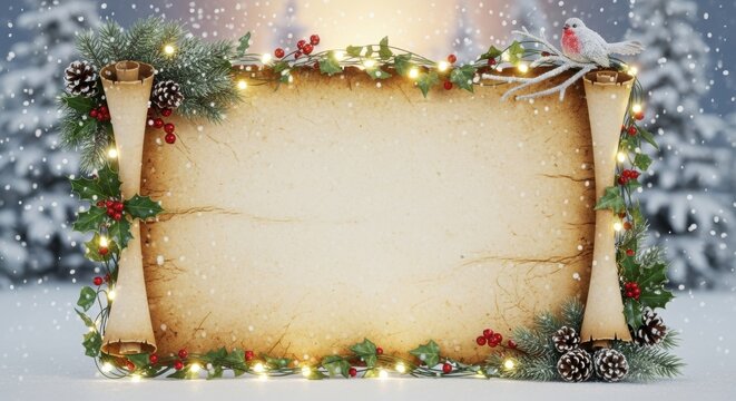 Vintage Christmas Scroll with Robin and Snow, Holiday, Winter, Parchment - Powered by Adobe