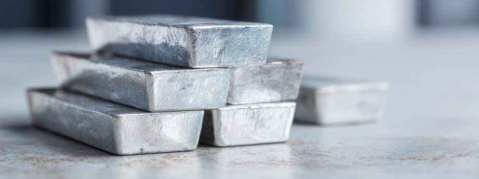 Pile of shiny silver metal ingots stacked in rows, concept of mining, metallurgy, resources and precious materials. banner 