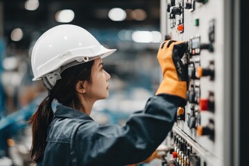 In a bustling industrial facility, a woman in a hard hat and safety goggles focuses on operating machinery.