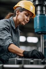 In a bustling industrial facility, a woman in a hard hat and safety goggles focuses on operating machinery.