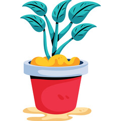 Vibrant Green Plant With Teal Leaves Growing In A Red Potted Planter With Yellow Soil And Light Blue Rim With Water Splashes On A White Background