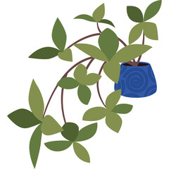Vibrant Green Potted Plant With Swirling Blue Pot And Brown Stems In A Simple Illustration Style