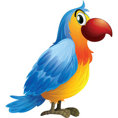 Vibrant Cartoon Parrot With Blue Yellow and Orange Feathers Standing Proudly Isolated On White Background Realistic Details