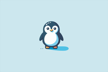 Cute baby penguin in flat vector style, standing with a round white belly, dark navy body, small orange beak and feet, simple shadow, clean minimal background, adorable and friendly character design.