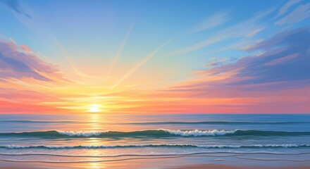 Naklejka premium Serene Ocean Sunset with Soft Waves and Colorful Sky, Sea, Beach, Water