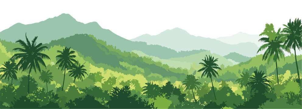 Paesaggio tropicale lussureggiante con montagne verdi sfumate e palme.